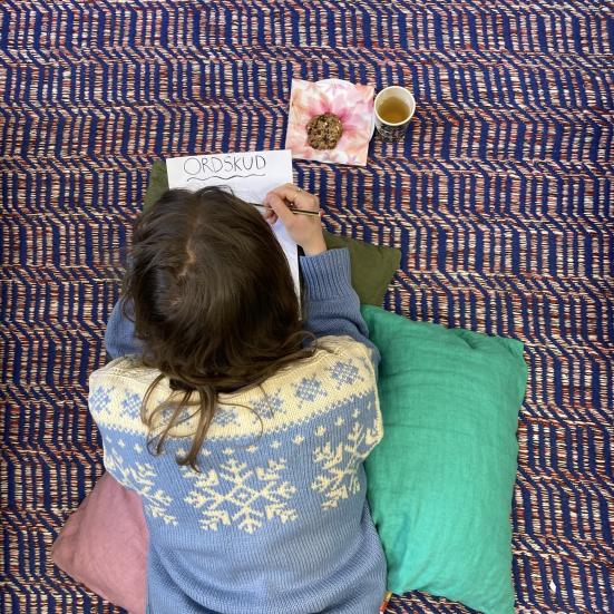 Pige der ligger på et tæppe og skriver mens hun spiser kage og drikker te