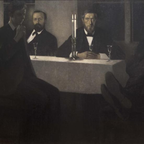 Billedet forestiller et maleri af Vilhelm Hammershøi. Maleriet hedder Fem portrætter.