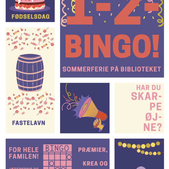 En collage med billeder relateret til spillet bingo