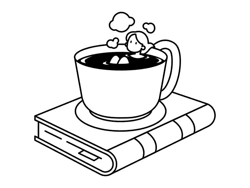 En tegning af en kaffekop. En kvinde bader i kaffen