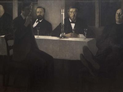 Billedet forestiller et maleri af Vilhelm Hammershøi. Maleriet hedder Fem portrætter.