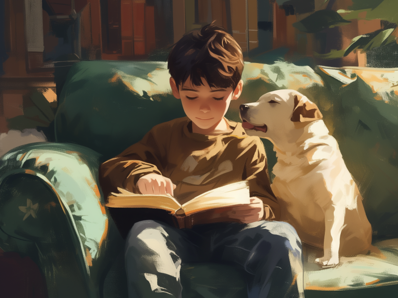 Dreng læser en bog i en sofa sammen med en hund. Billedet er AI-genereret.